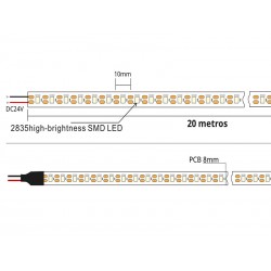 Tira LED Monocolor SMD2835, ChipLed Samsung, DC24V, 20 metros (100Led/m), Corte 10mm, 160W, IP67