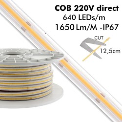 Tira LED 220V COB, 288Led/m, 1 metro con conectores rápidos, 50cm corte Regulable Triac