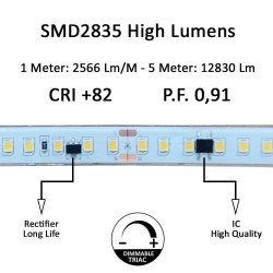 Tira LED 220V Bridgelux SMD2835, 140Led/m, 2566lm/m, Triac regulable, corte 10cm, carrete 20 metros