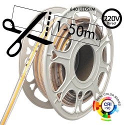 Tira LED 220V COB, 640Led/m, 15W/m, 12,5cm corte, 50 metros. Regulable Triac