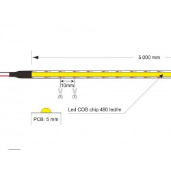 Tira LED Monocolor COB, DC24V, 5m (400Led/m), Corte 10mm, 40W, IP20, PCB 5mm