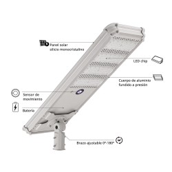 Led Solar STREET 500W, 4500K, 18V 100W, Life PO4 batería 12.8V 30AH