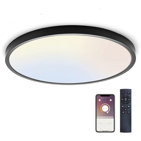 Plafón Led KRAMFOR 48W, superficie, ⦰500mm, CCT, Bluetooth + mando RF, negro, Blanco dual, regulable