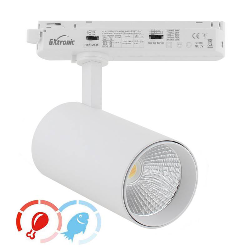 Foco carril Monofásico CRONOLUX, 40W-28W, blanco, 38º, UGR13, DUAL Carnes y Pescados, Magenta-Azul
