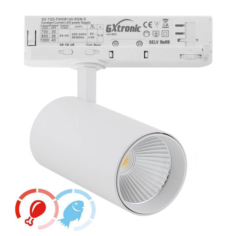 Foco carril Trifásico CRONOLUX, 40W-30W, blanco, 38º, UGR13, DUAL Carnes y Pescados, Magenta-Azul