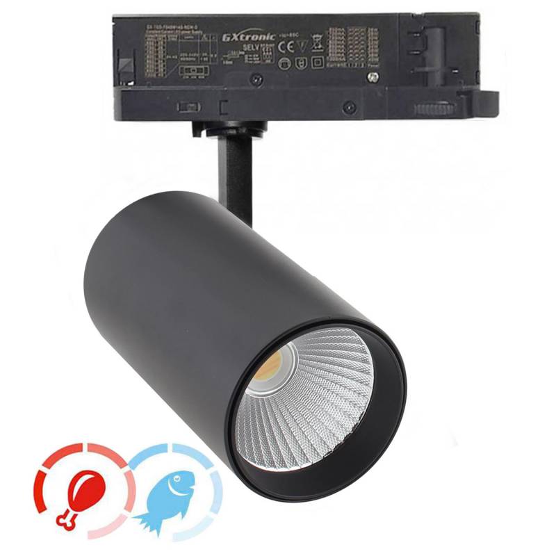 Foco carril Trifásico CRONOLUX, 40W-30W, blanco, 38º, UGR13, DUAL Carnes y Pescados, Magenta-Azul