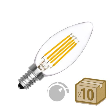 Pack 10 x Bombilla Filamento LED Vela E14 COB 6W, Regulable, Blanco cálido 2700K, regulable
