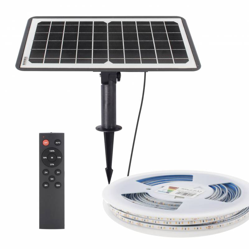Kit Solar de Tira Led 3.2V-12AH, 180º, IP65, 10 metros, Blanco cálido