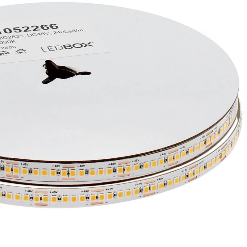 Tira LED Monocolor SMD2835, DC48V, 10 metros (240Led/m), Corte 25mm, 200W, IP20, Blanco cálido