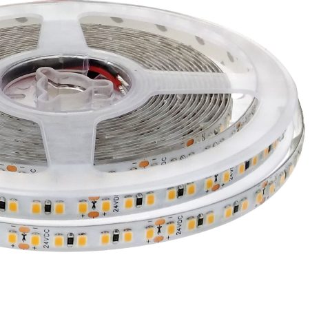Tira LED Monocolor SMD2835, ChipLed Samsung, DC24V, 5m (168Led/m), 100W, CRI 90 - IP65, Blanco cálido 2700K