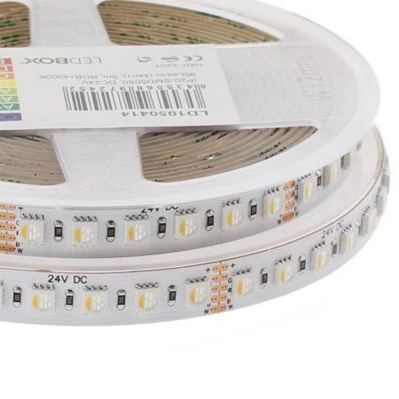 Tira LED SMD5050, RGB+W, DC24V, 5m (96Led/m 4 en 1), 115W, IP20, 3oZ, RGB + Blanco cálido