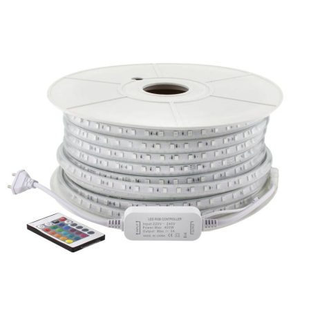 Tira LED 220V SMD5050 60Led/m, 8W/m, RGB, carrete 50 metros + controlador + mando, RGB