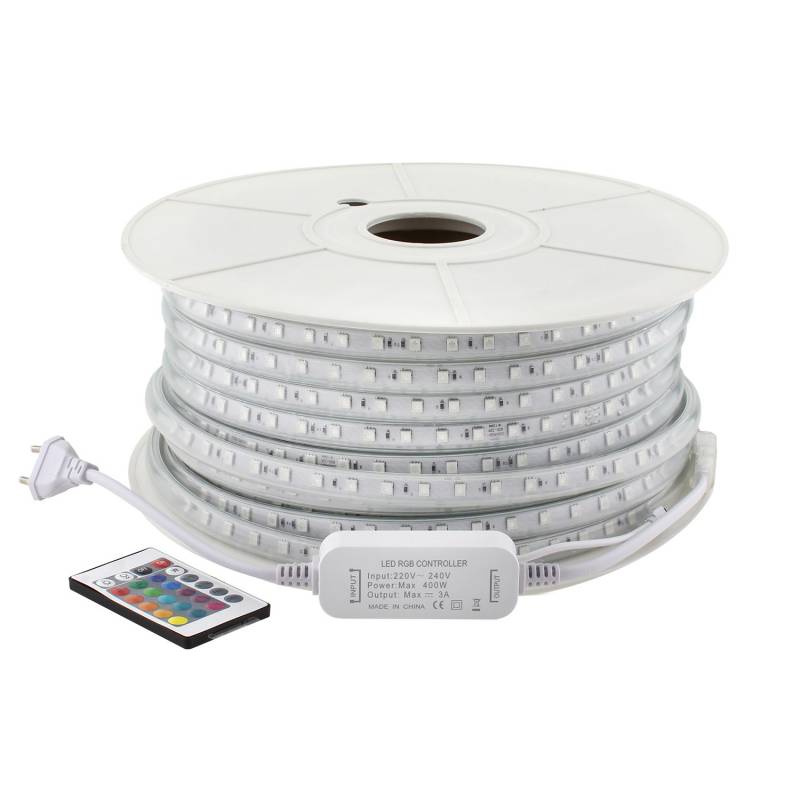 Tira LED 220V SMD5050 60Led/m, 8W/m, RGB, carrete 50 metros + controlador + mando, RGB