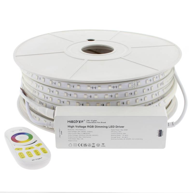 Tira LED 220V SMD5050, 60Led/m, 8W/m, RGB, carrete 50 metros + controlador MiBoxer + mando, RGB