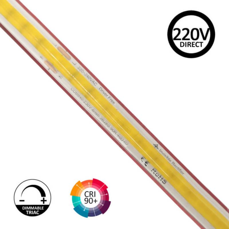 Tira LED 220V COB, 560Led/m, 16W/m, 10cm corte, 1 metro. Regulable Triac. Silicona, Blanco cálido 2700K, regulable