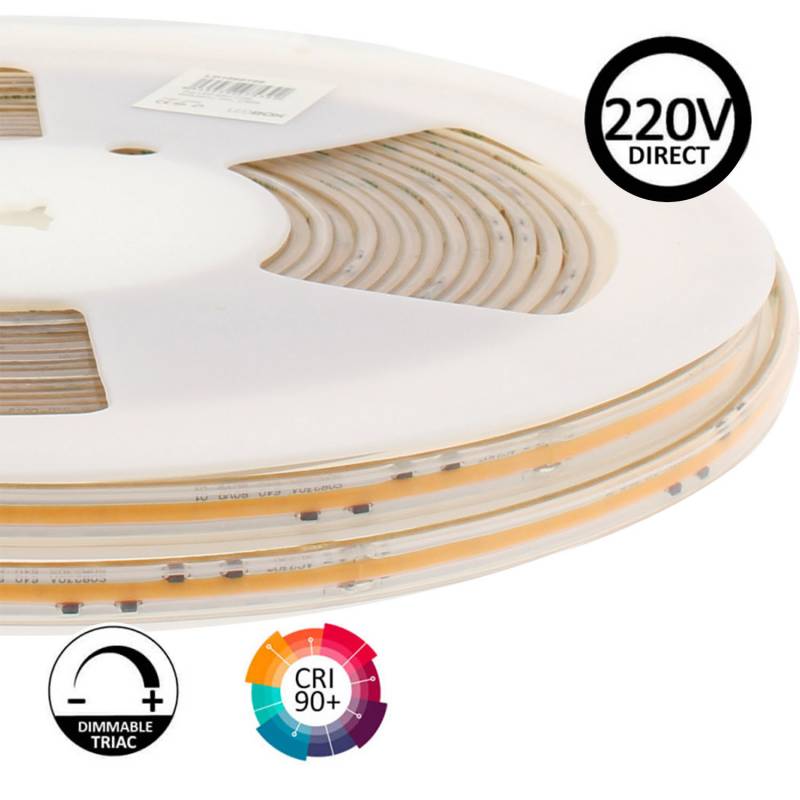 Tira LED 220V COB, 560Led/m, 16W/m, 10cm corte, 10 metros. Regulable Triac. Silicona, Blanco cálido 2700K, regulable
