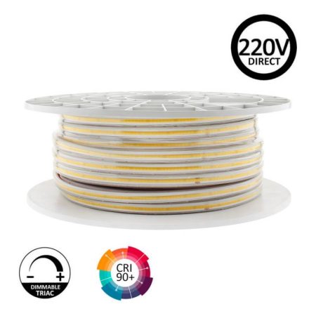 Tira LED 220V COB, 560Led/m, 16W/m, 10cm corte, 50 metros. Regulable Triac. Silicona, Blanco cálido 2700K, regulable