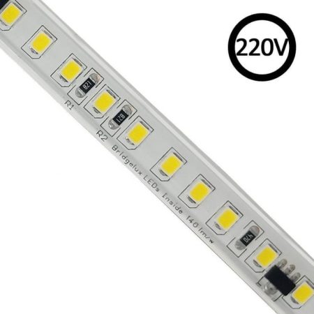 Tira LED 220V Bridgelux SMD2835, 140Led/m, 20W/m, 2800lm/m, Triac regulable, corte 10cm, 1 metro. Silicona, Blanco cálido 2700K, regulable