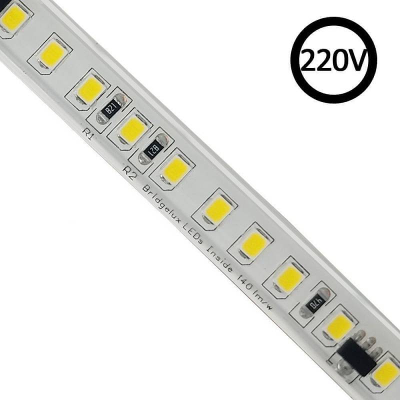 Tira LED 220V Bridgelux SMD2835, 140Led/m, 20W/m, 2800lm/m, Triac regulable, corte 10cm, 1 metro. Silicona, Blanco cálido 2700K, regulable