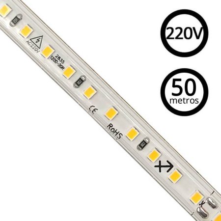 Tira LED 220V SMD2835, 120Led/m, 8W/m, Triac regulable, corte 10cm, carrete 50 metros, Blanco cálido, regulable