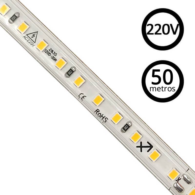 Tira LED 220V SMD2835, 120Led/m, 8W/m, Triac regulable, corte 10cm, carrete 50 metros, Blanco cálido, regulable