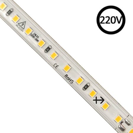 Tira LED 220V SMD2835, 120Led/m, 8W/m, Triac regulable, corte 10cm, 1 metro, Blanco cálido, regulable