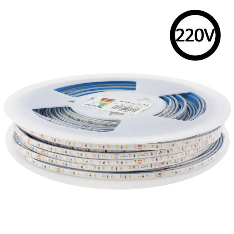 Tira LED 220V Super Slim SMD2835, 120Led/m, 8W/m, Triac regulable, corte 10cm, carrete 50 metros, Silicona, Blanco frío, regulable