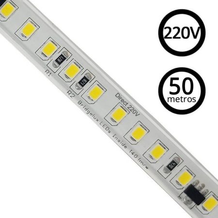 Tira LED 220V Bridgelux SMD2835, 140Led/m, 20W/m, 2800lm/m, Triac regulable, corte 10cm, carrete 50 metros. Silicona, Blanco cálido 2700K, regulable
