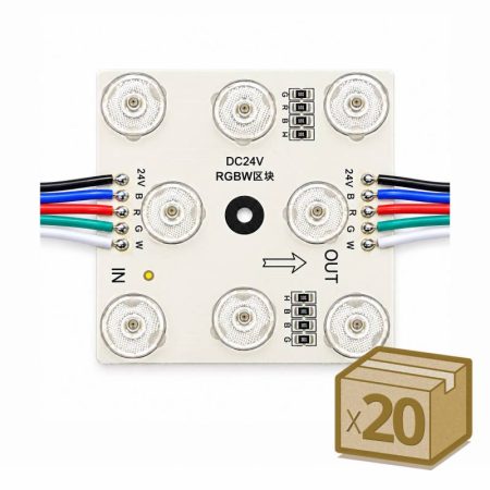 20x Módulos Led 68x68mm, lente 170°, DC24V, 6W, RGB+3000K, CRI>90, P20, RGB + Blanco cálido