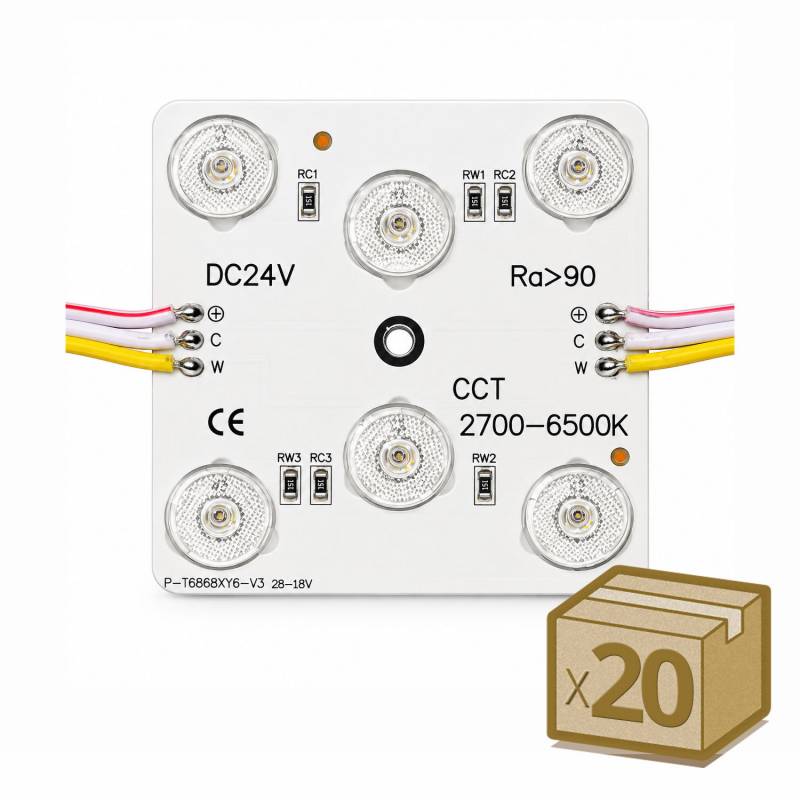 20x Módulos Led 68x68mm, lente 170°, DC24V, 5W, CCT, CRI>90, P20, 3000-4000-6000K