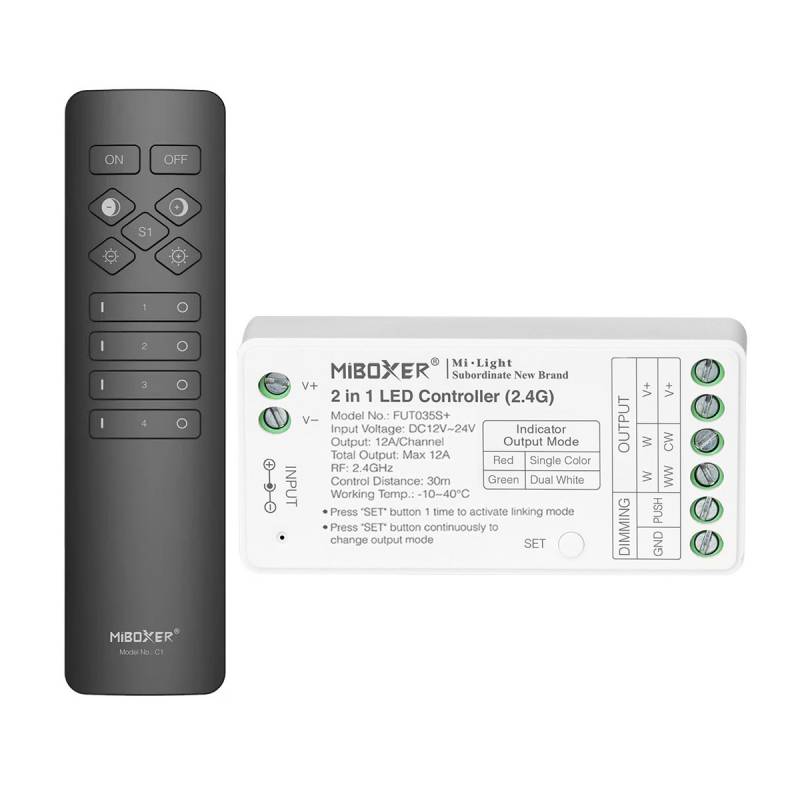Controlador 2.4G RF, DC12-24V, 12A, 2 en 1 monocolor + CCT + mando C1