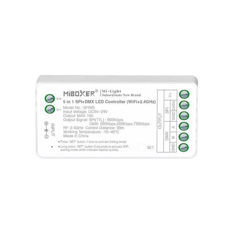 Controlador WiFi+2.4G RF, DC5-24V, 10A, SPI+DMX 5 en 1