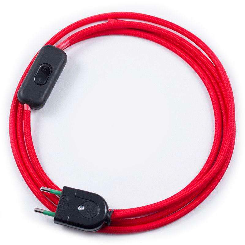 Cable textil con interruptor y enchufe, 2x0,75mm, 2m, rojo