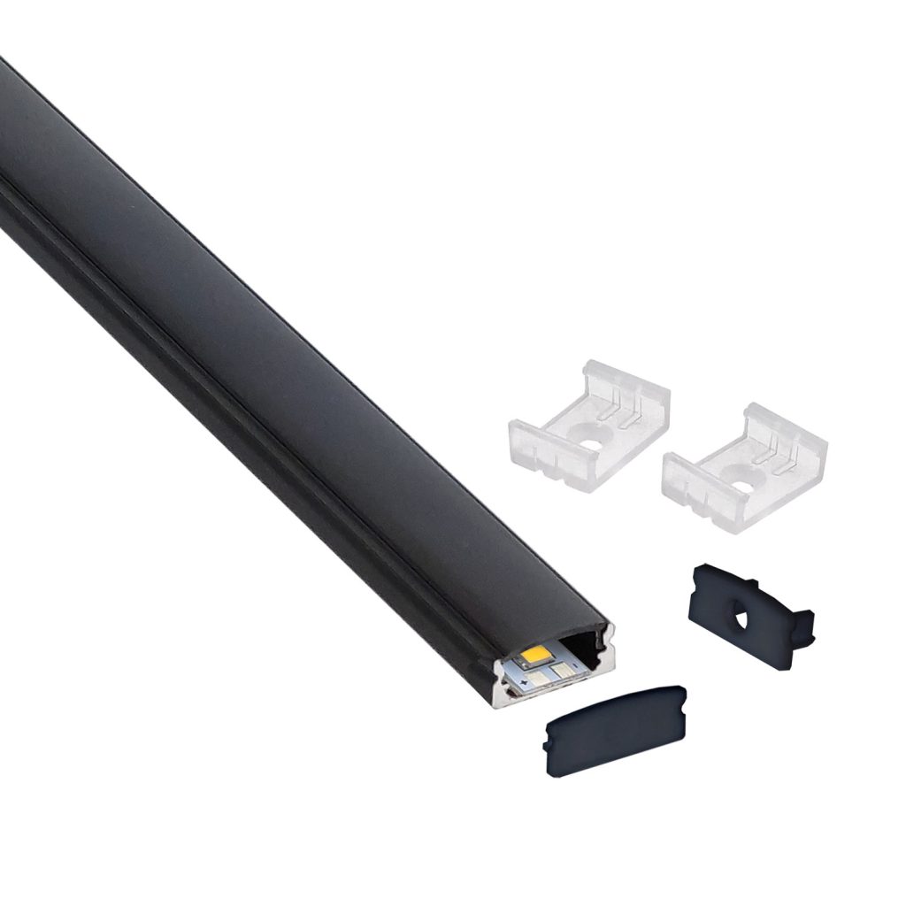 KIT - Perfil aluminio BARLIS para tiras LED, 2 metros, negro