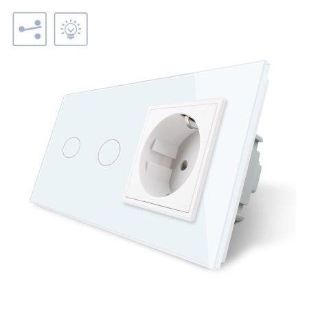 Conmutador táctil, 2 botones + 1 enchufe, frontal blanco LIVOLO