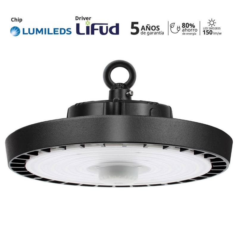 Campana industrial UFO 200-160-120W, 160lm/w, Chip LUMILEDS, regulable, Blanco frío, regulable