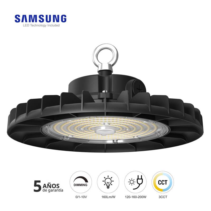Campana Industrial UFO Slim 200W-160W-120W, Chipled SAMSUNG, 3CCT, 1-10V regulable, 3000-4000-6000K