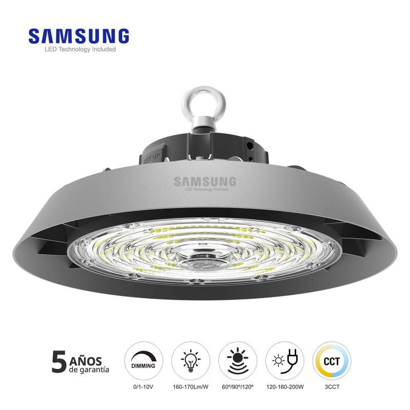 Campana Industrial UFO Slim 200W-160W-120W, Chipled SAMSUNG, 3CCT, 60º/90º/º120º ajustable, 1-10V, 3000-4000-6000K