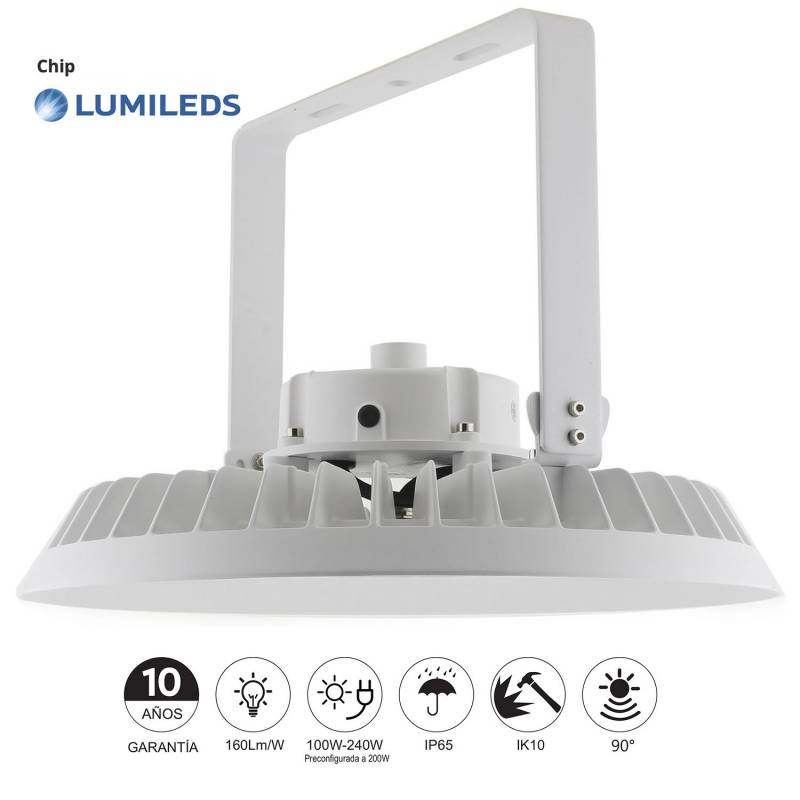 Campana-Proyector LED Industrial FLEXBAY 240W-100W ajustable, Chipled LUMILEDS, 90º, Blanco frío