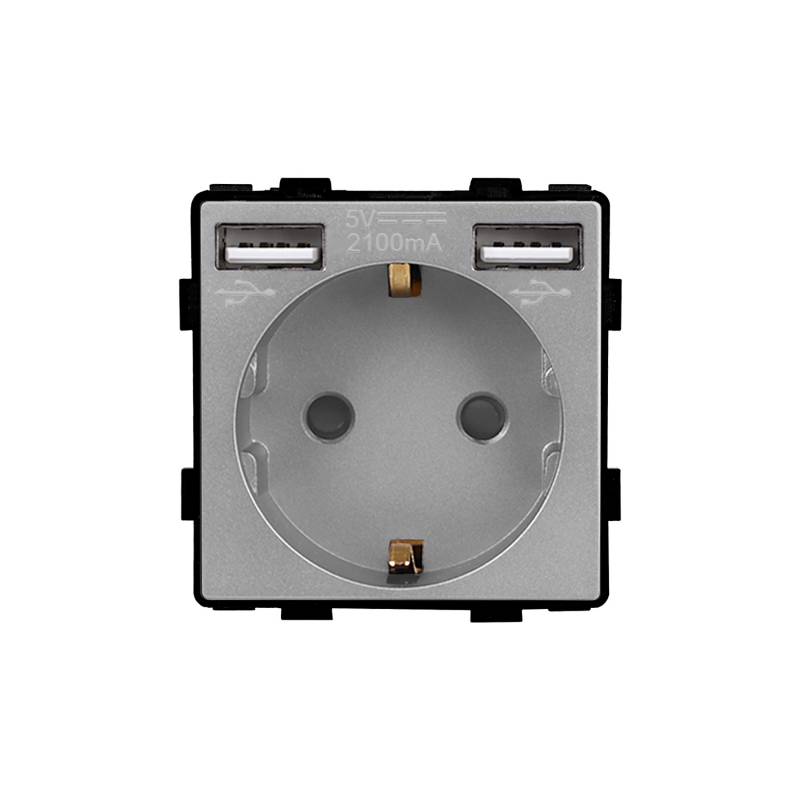 Base Enchufe EU tipo SCHUKO 16A  + cargador rápido USB A+A KOOB, gris