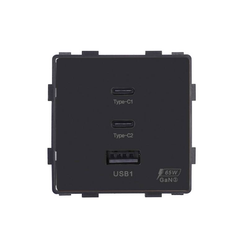 Cargador rápido inteligente 65W, USB tipo A + 2x tipo C KOOB, negro