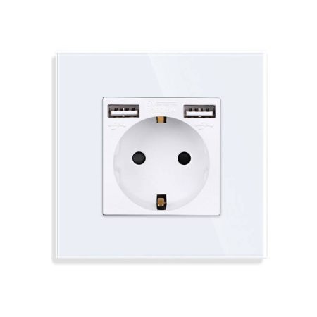 Base enchufe EU 16A + cargador rápido USB A+A,  KOOB frontal cristal blanco