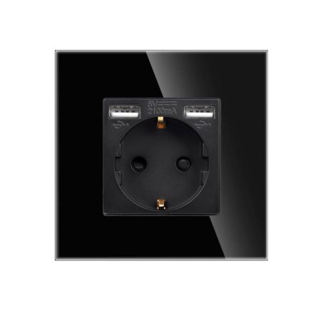 Base enchufe EU 16A + cargador rápido USB A+A,  KOOB frontal cristal negro