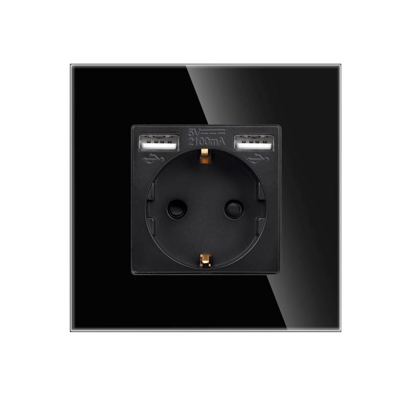 Base enchufe EU 16A + cargador rápido USB A+A, KOOB frontal cristal negro