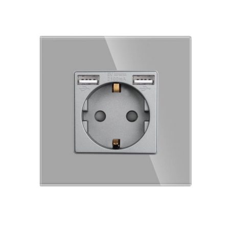 Base enchufe EU 16A + cargador rápido USB A+A,  KOOB frontal cristal gris