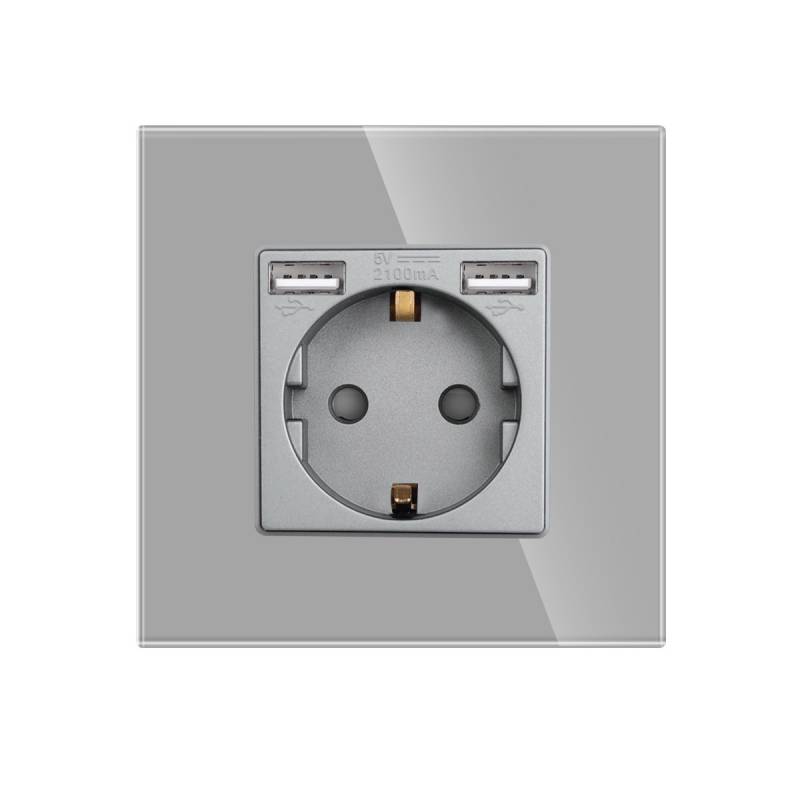 Base enchufe EU 16A + cargador rápido USB A+A,  KOOB frontal cristal gris