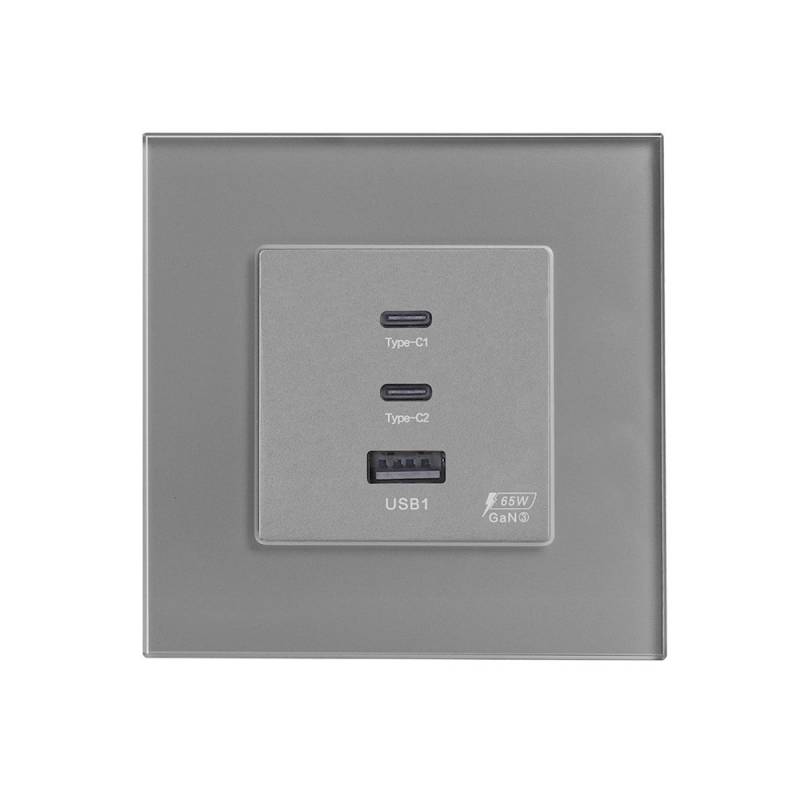 Cargador inteligente 65W, USB tipo A + 2x tipo C, KOOB frontal cristal gris