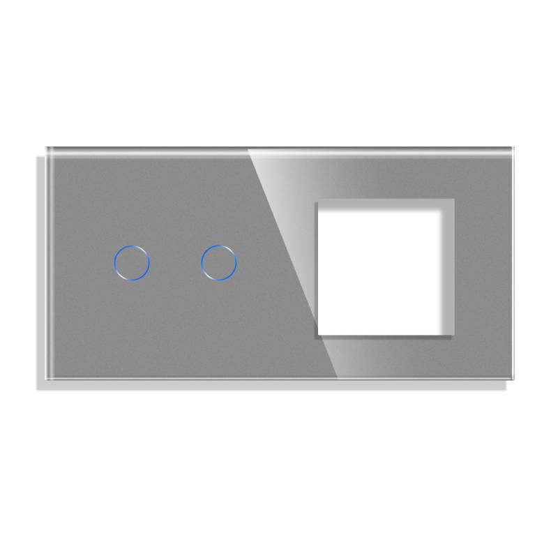 Frontal cristal gris KOOB 1 enchufe + 2 botones, 2 Módulos