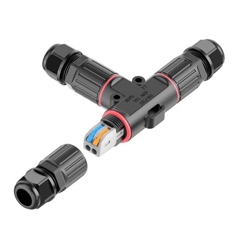 Conector T IP68, 148*90mm, Ø30mm, 2 cables 0.5-2.5mm2, 16A, conectores rápidos